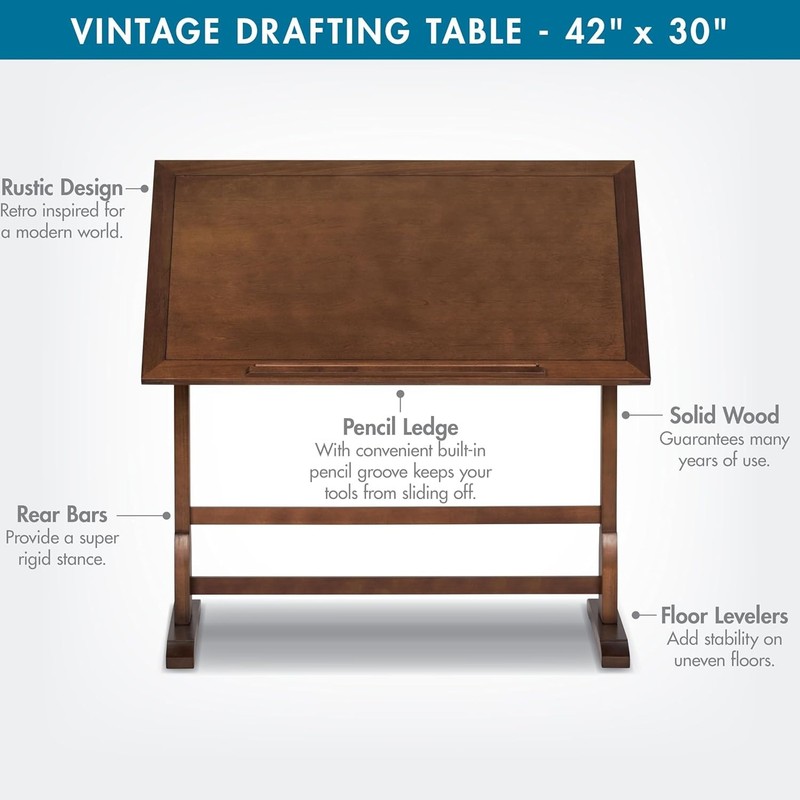 Antique Design Drafting Table with Pencil Groove Adjustable Angle Rustic Oak gallery