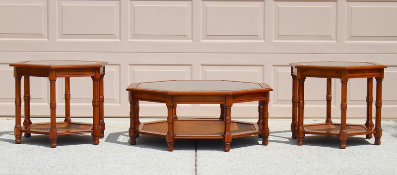 Mid-Century Modern Walnut Octagonal Glass Top & Cane Coffee Table + 2 Matching gallery