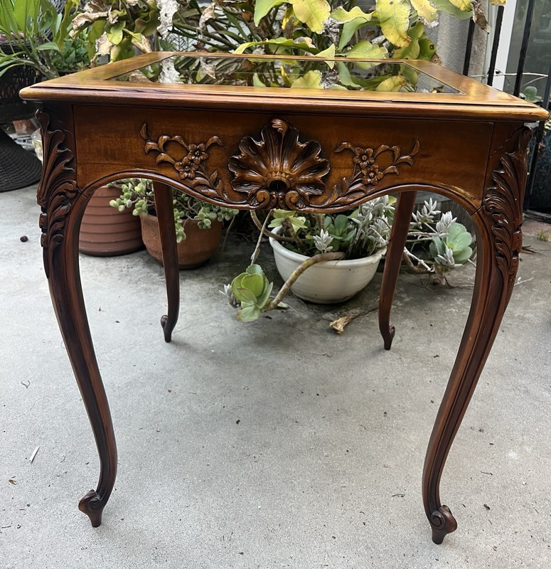 Theodore Alexander Carved Rococo Style Leather Inlay Vitrine Display Table