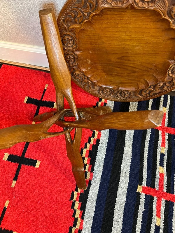 Vintage Wood Carved Side Table with Folding Legs gallery