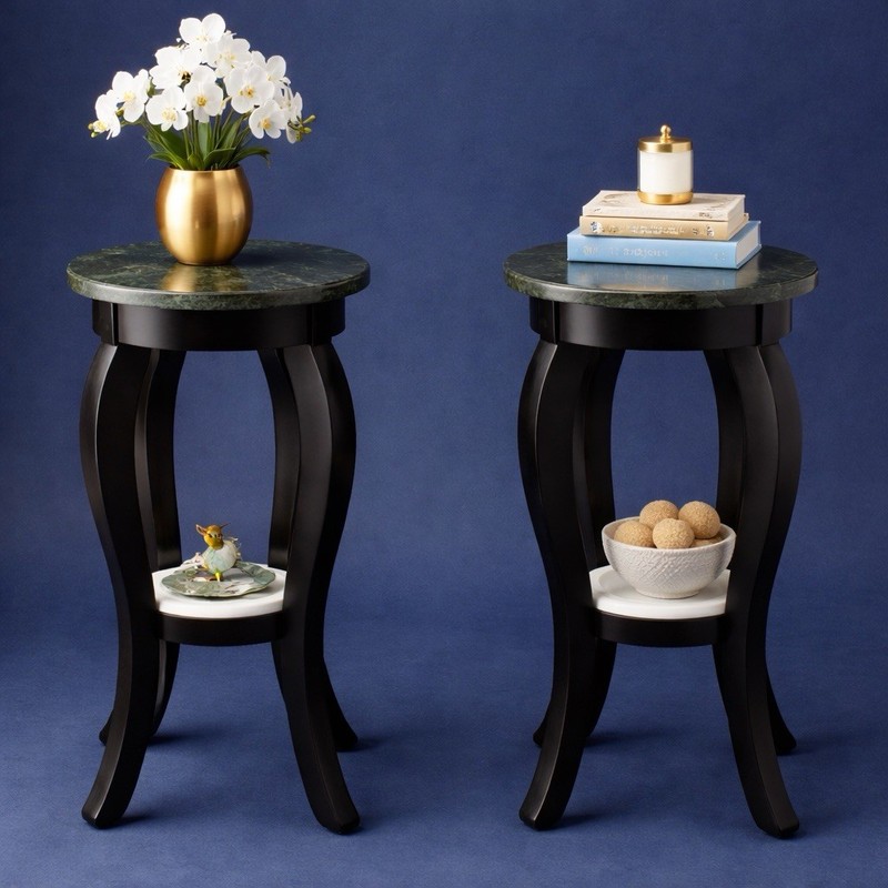 Faux Green Verde Marble Pedestals Porcelain Appliqué Shelves 24in Black Pair gallery