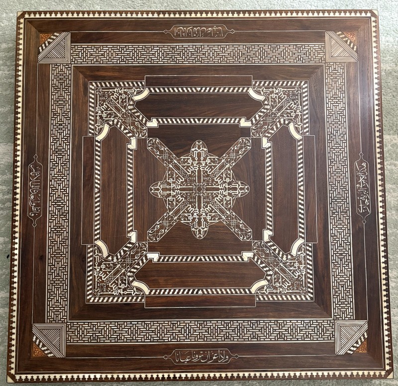 Antique Middle Eastern Arabic Bone Inlaid Fruitwood Table 36x36 1950s Damascus gallery