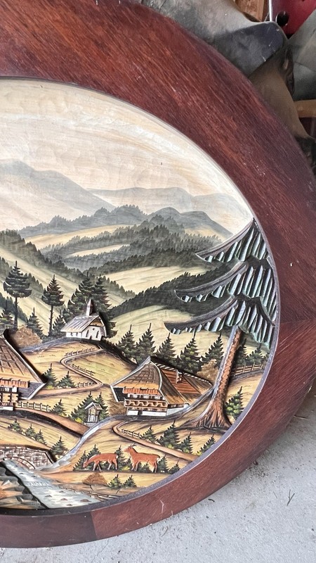 MCM Black Forest Style 39” Round Hand Carved Alpine Village Table Chalet Glass gallery