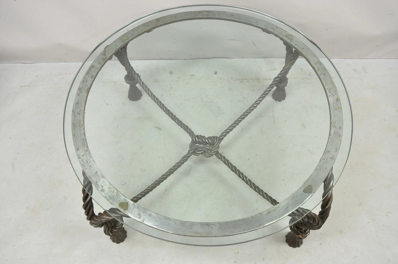 Italian Hollywood Regency Steel Knotted Rope and Tassel Round Glass Coffee Table gallery