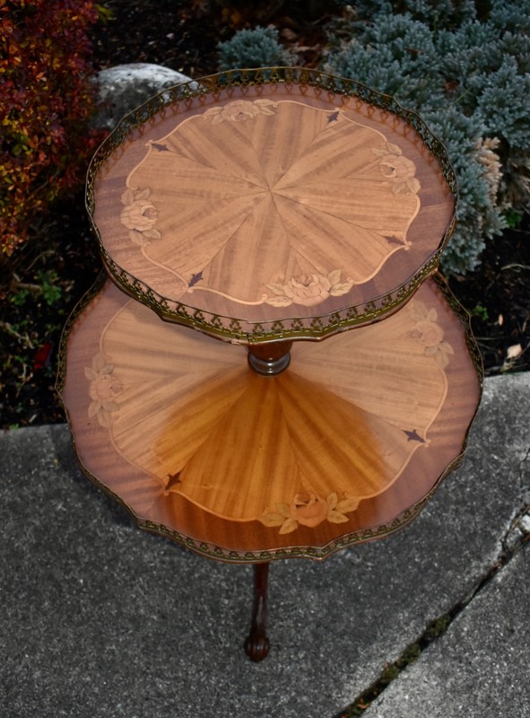 Vintage Two Tier Carved & Inlaid French Style Table w/Brass Gallery gallery