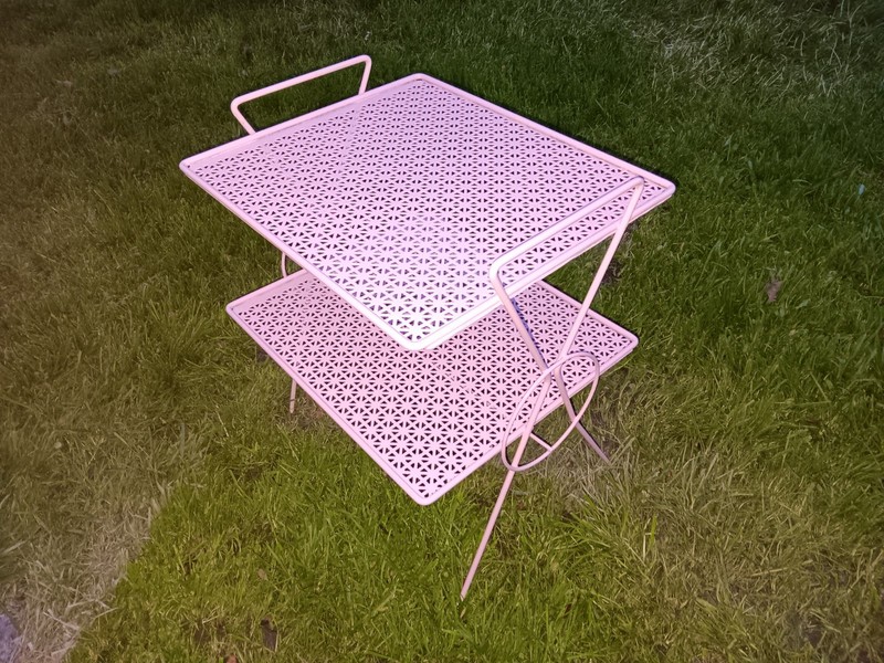 Art Deco 2-Tier Metal Garden Table Stands 23" Indoor / Outdoor Antique Lite Pink gallery