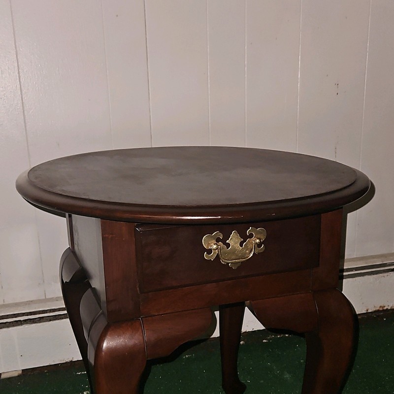 Refinished Vintage Queen Anne Round Wood Accent Table with Drawer Brass Handle gallery