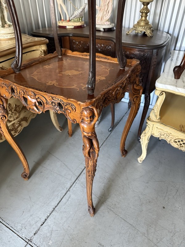 Carved walnut tray-top table with marquetry inlay in Renaissance Revival style gallery