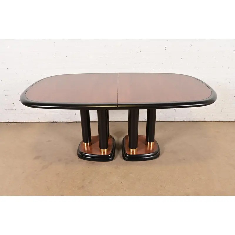 Drexel Heritage Modern Art Deco Walnut and Black Lacquered Pedestal Dining Table gallery