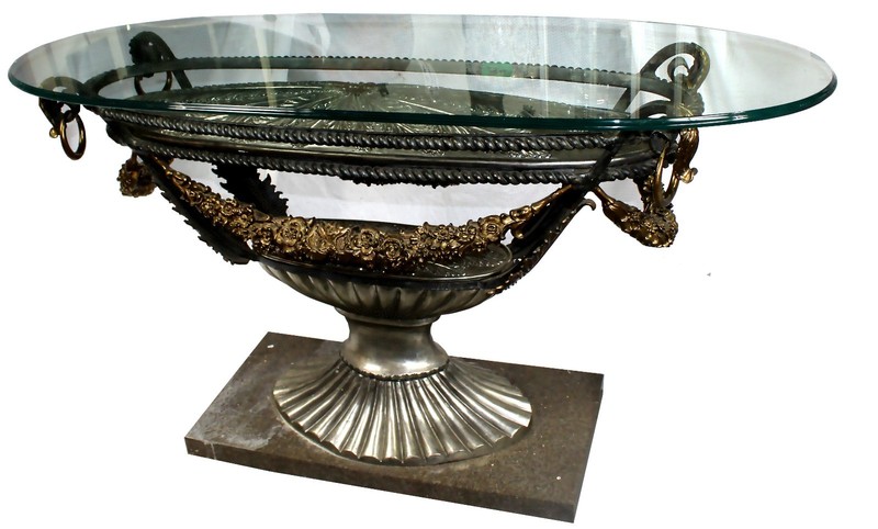 Empire Style Marble, Glass, Embossed Steel, & Brass Oval Console Table