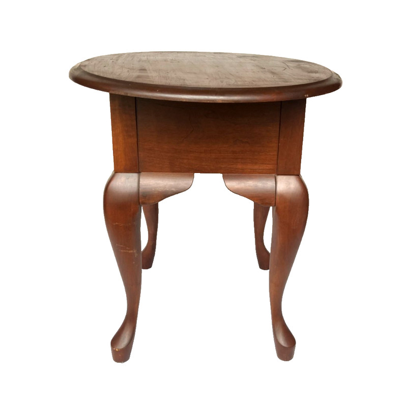 Vintage Queen Anne Style Cherry Wood Oval End Table with Drawer gallery