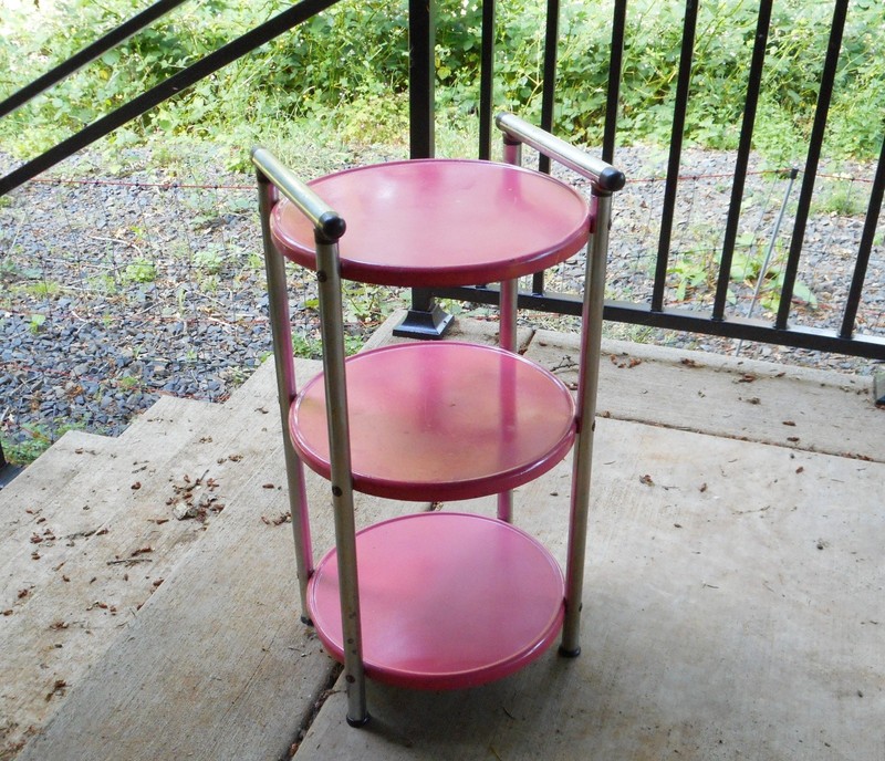 Mid Century Modern Pink & Chrome Serving Bar Cart Trolley 3 Tier Round Trays