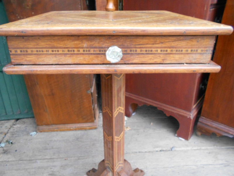 ANTIQUE ONE OF A KIND FOLK ART INLAID ONE DRAWER SMOKING STAND gallery