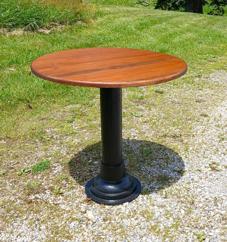 Antique Round Oak Top Pub Table or Game Table with Cast Iron Column Base