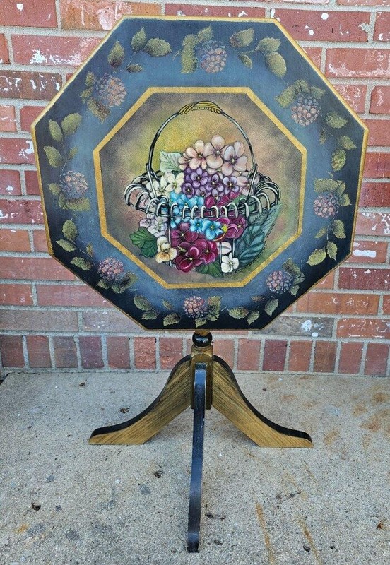 Vintage Maple Tilt Table Plant Fern Stand Painted Floral Top Made In The Ozarks