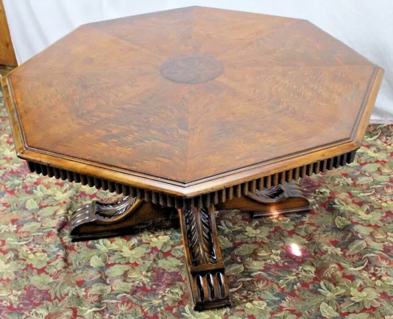 1920 Jacobean Walnut book match Octogen coffee Table gallery