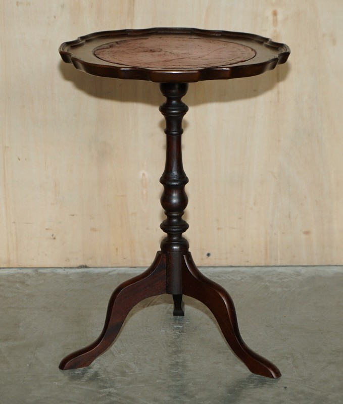 SMALL OXBLOOD LEATHER WITH SILVER LEAF INLAY MAHOGANY TRIPOD LAMP SIDE END TABLE gallery