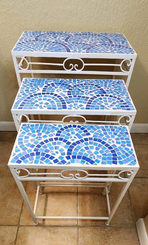Set Of 3 Vintage Blue Rainbow Mosaic Tiled Cast Iron Nesting/Stackable Tables gallery