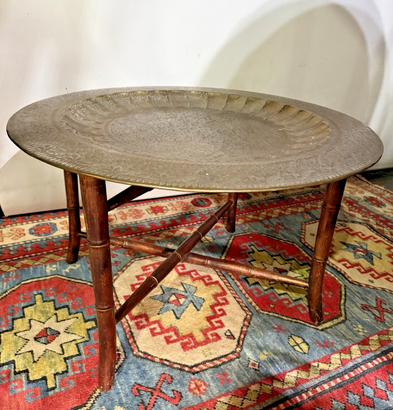 Vintage Removeable Brass Tray Top Coffee Table w/Faux Bamboo foldable base