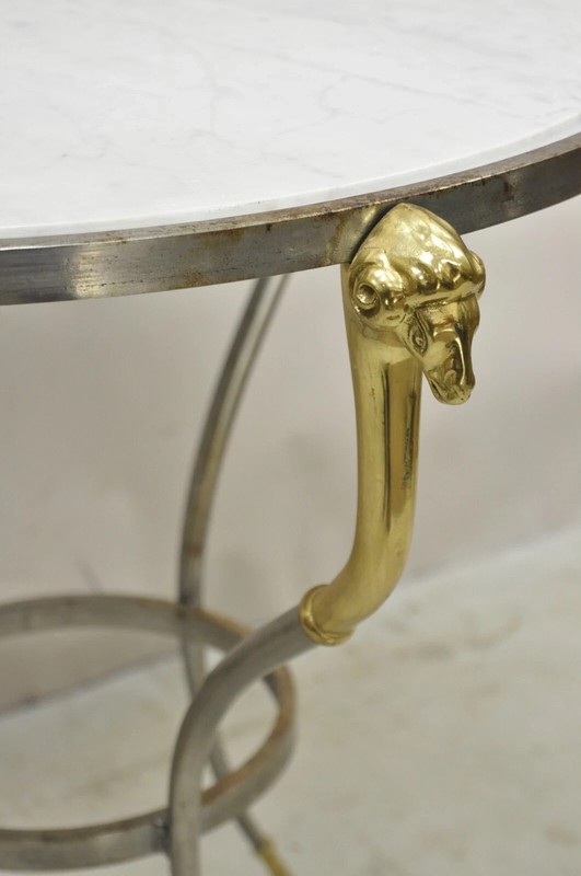 Italian Neoclassical Brass Rams Head Round Marble Steel Gueridon Side Table gallery