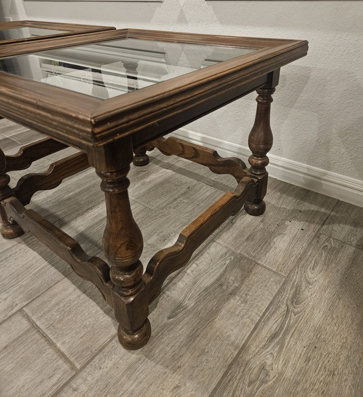 Ethan Allen Royal Charter Oak Square Glass Top Tables Pair Coffee/End Tables EUC gallery