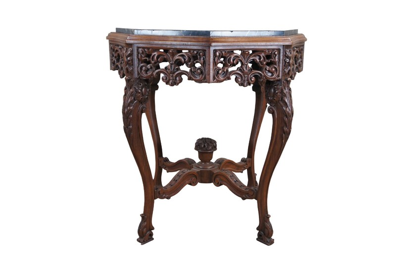 Antique Italian Renaissance Carved Walnut Marble Top Octagonal Center Side Table gallery