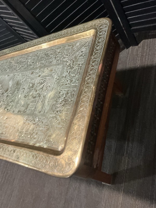 Vintage Brass Engraved Coffee Table Middle Eastern Tray Top Carved Wood Base MCM gallery