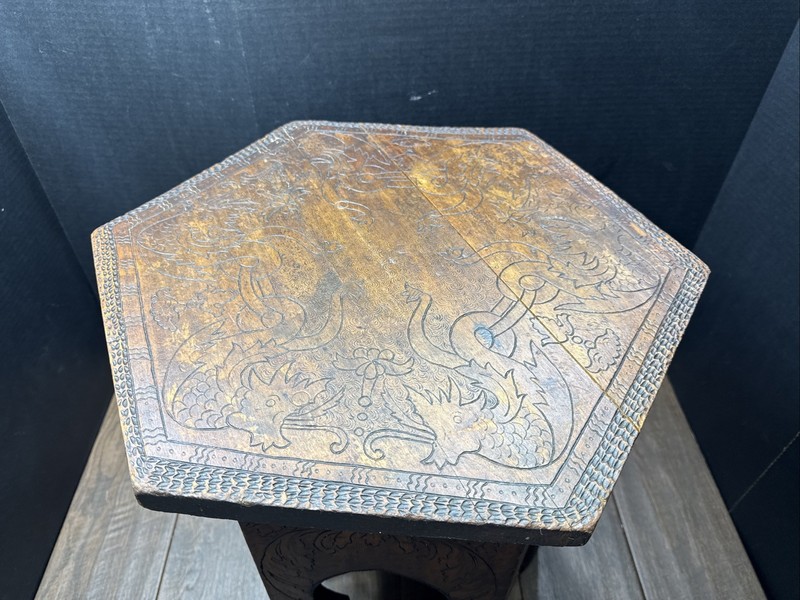 Antique Carved Wood Hexagonal Side Table Anglo Indian Moorish Accent Table gallery
