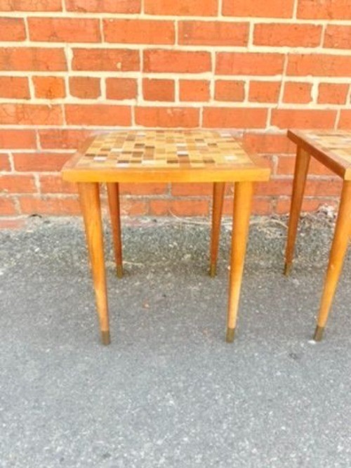 Stacking Side End Occassional Tables Mid Century MCM Tiled Brown Pair Set 2 Uniq gallery