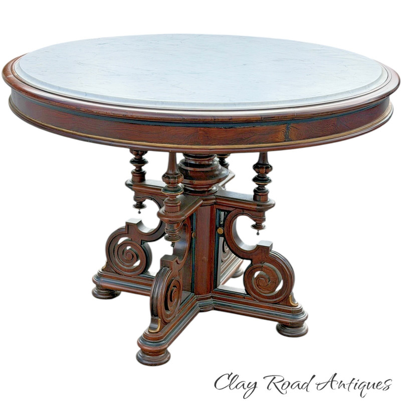 antique rosewood victorian round marble top center parlor table large carved