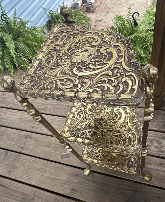 ANTIQUE 1930S BRONZE GOLD FINISH FIGURAL ORNATE 3 TIER SIDE TABLE PLANT STAND gallery