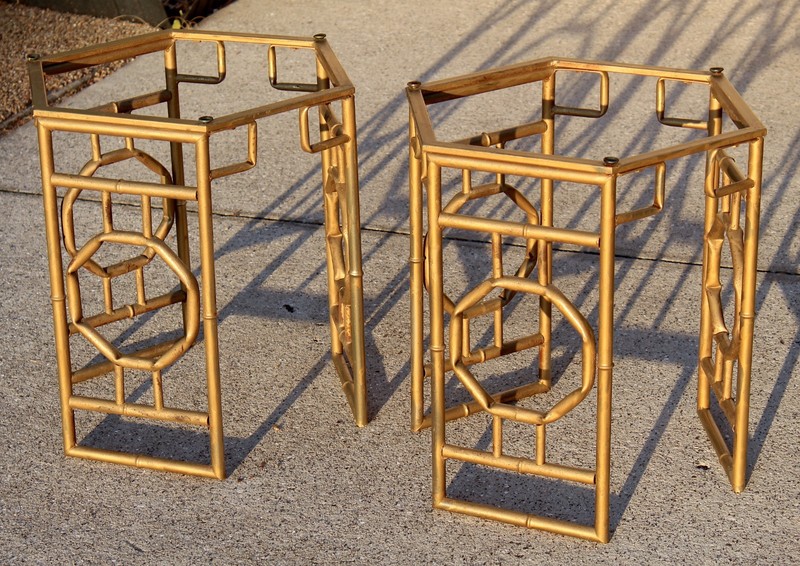 Vintage Hollywood Regency Gold Gilt Metal Chinoiserie Side Tables – Pair gallery