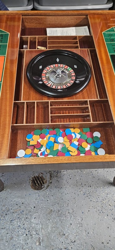 Italian Inlaid Wood Multi Game Table with Roulette, Checkers Chess and Backammon gallery