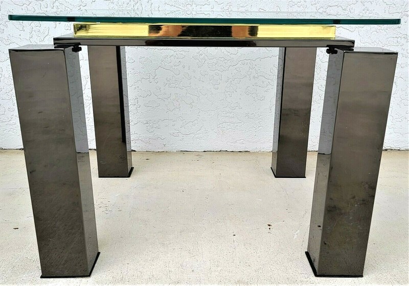 MCM Milo Baughman Style Italian Black Chrome Brass Glass Coffee Side End Table gallery