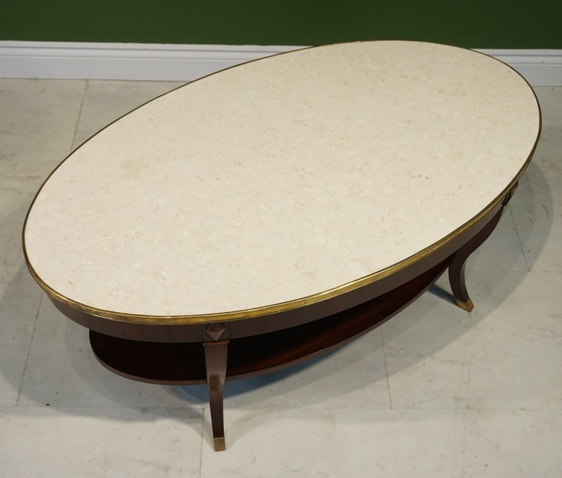 Oval Mahogany Coffee table with brass banding, lower shelf, solid marble top gallery