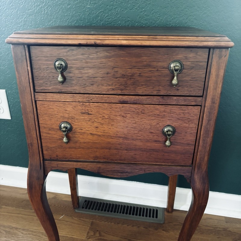 Vintage Antique Scalloped Queen Anne Wood Sewing Storage Side Table Brass Pulls gallery