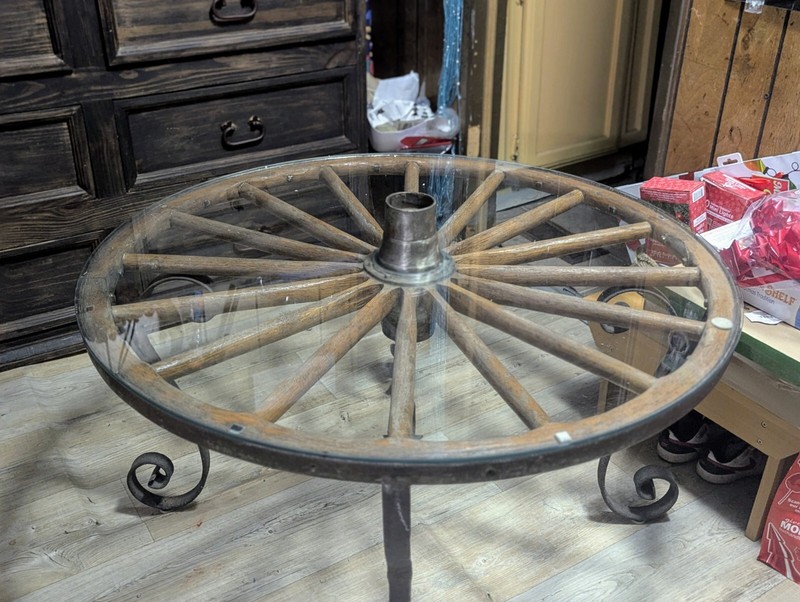 Antique Wagon Wheel Coffee Table With Iron Legs