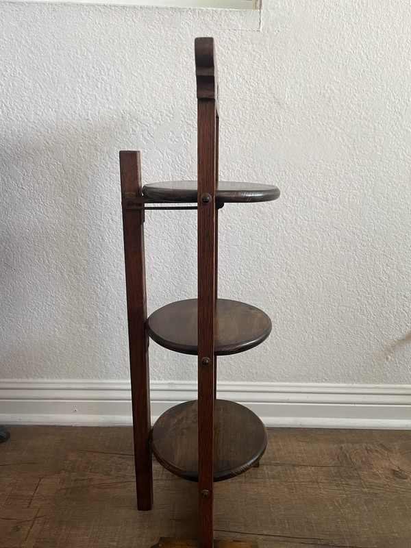 Vintage 3 Tier Wood Display Table Dark Oak Foldable 27-1/2” Tall, Shelves 7-1/2” gallery