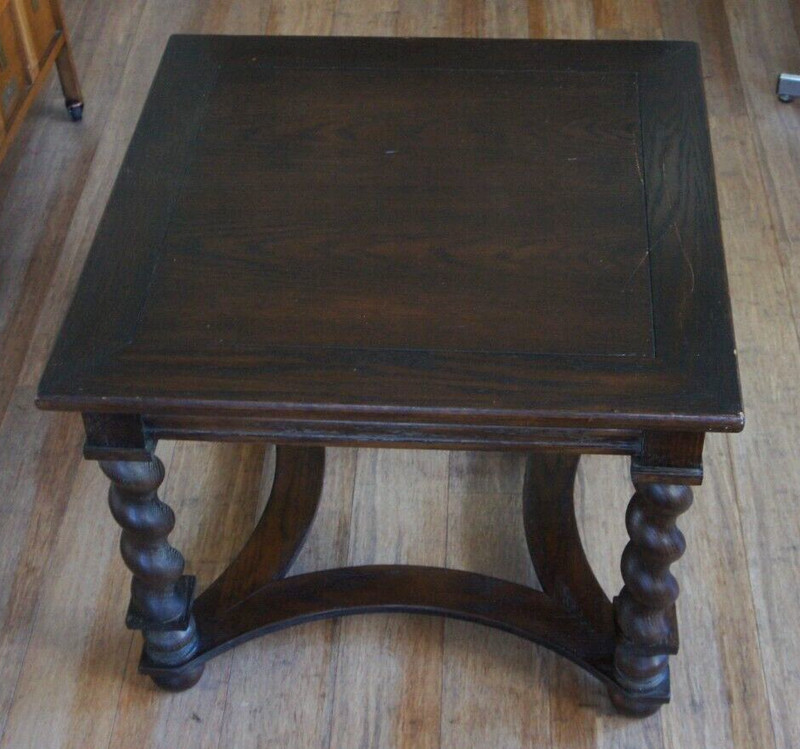 Antique Vintage French Dark Stain Oak Barley Twist Accent Side End Table