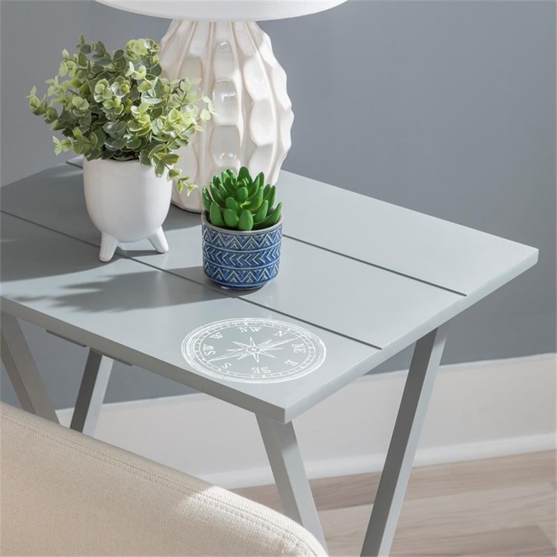 Linon Lorie 5 Piece Tray Table Set Planked Top with Compass Design in Gray Wood gallery