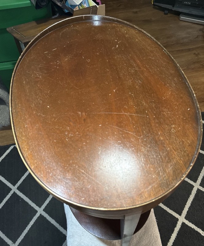 VINTAGE MERSMAN END TABLE WITH STRIPE DESIGN AROUND THE TABLE, 26”X 22.75” X 16” gallery