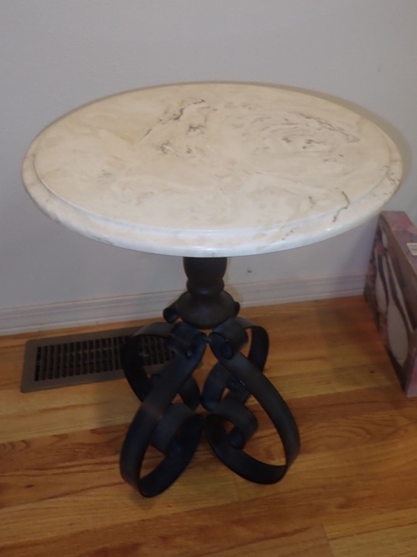 Vtg French Country Scrolled Wrought Iron Wood Marble Side Table c1930 22”H 18”D