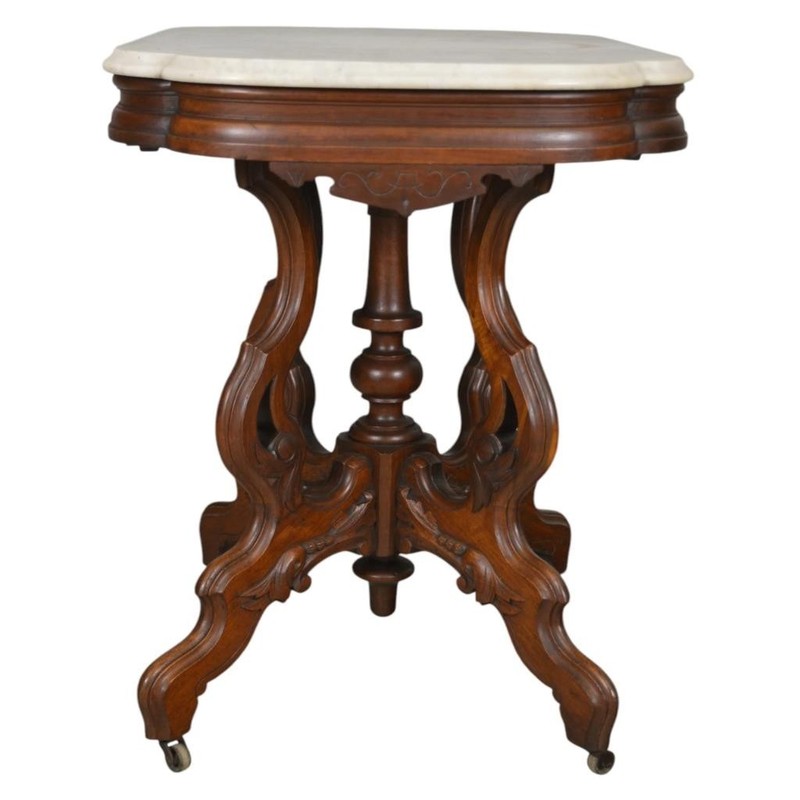 Antique Victorian Marble Top Carved Lamp Table – Walnut Base, 1880s #22593 gallery