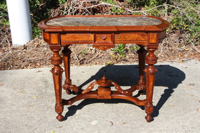 Fancy Walnut Victorian Picture Frame Marble Top Library Center Table ~ Ca.1870