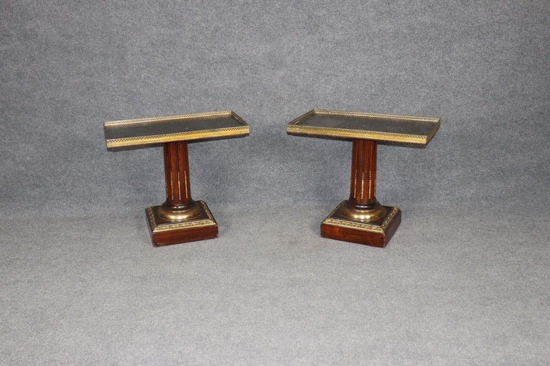 Pair of French Directiore Style Marble Top Pedestal & Brass Mounts End Tables gallery