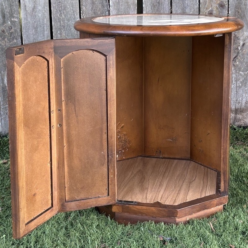 Vintage Mid Century Danish Modern Octagon Drum Side End Table Cabinet MCM Marble gallery
