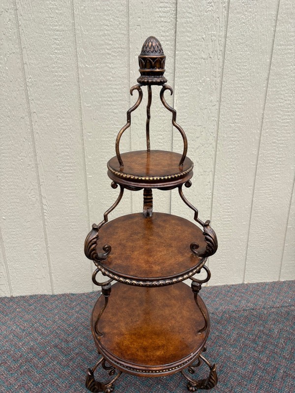 67831 Ornate Three-Tier Accent Table with Metal Scrollwork and Wood Finish gallery