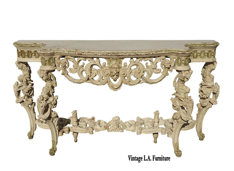 Ant. Italian Console Table White French Louis XIV Ornate Carved Rococo Figurines
