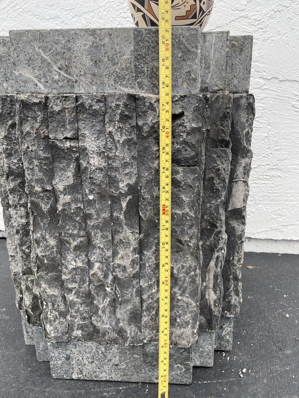 Vintage Postmodern Tessellated Stone Brass Inlay Pedestal Side Table Brutalist ￼ gallery