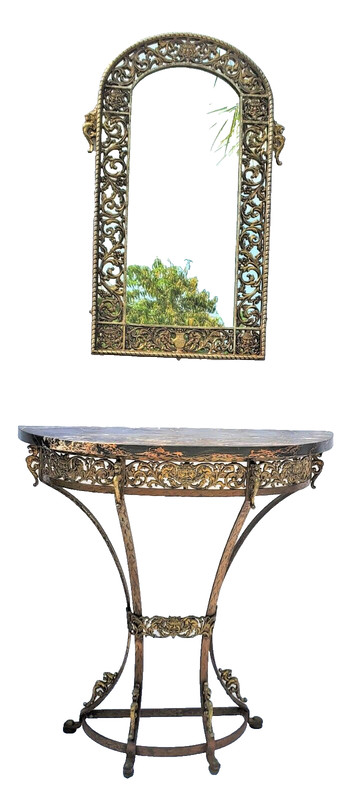 Oscar Bach Bronze Iron Marble Top Console Table & Mirror with Grapes Wine Motif